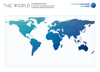 Polygonal map of the world. Patterson cylindrical projection of the world. Yellow Green Blue colored polygons. Energetic vector illustration.
