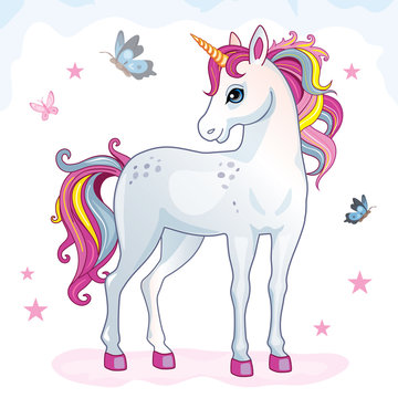 Cartoon beautiful unicorn with rainbow mane on white background. Children's illustration suitable for print and sticker. Isolated image with white horse, butterflies, stars. Magic. Wonderland. Vector.