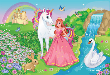 Fototapety  Beautiful Princess with white unicorn and Swan. Fairytale background with flower meadow, castle, rainbow, lake. Wonderland. Magical landscape. Children's cartoon illustration. Romantic story. Vector.