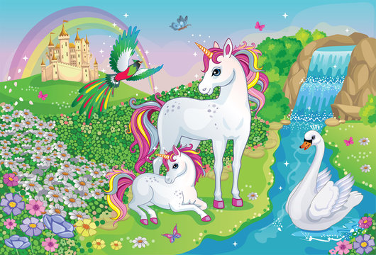 Beautiful unicorns and Swan. Fairytale background with flower meadow, castle for princess, rainbow, lake. Wonderland.  Landscape wallpaper. Children's cartoon illustration. Romantic story. Vector. 