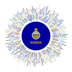 Kansas sign. US state flag with colorful rays. Radiant sunburst with Kansas flag. Vector illustration.