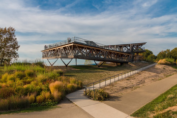 Perfect view of the Rhine viewing platform on the peak of the hill at the Ehrenbreitstein Fortress. A walkway at the fortress grounds leads to the wooden construction with a lovely view over Koblenz.