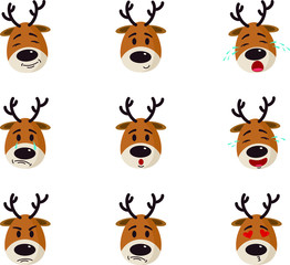 Reindeer faces emotions Christmas on isolated white background