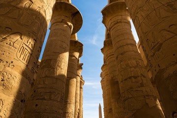Karnak Temple, Temple Ruins, Embossed hieroglyphics on columns. Great Hypostyle Hall.