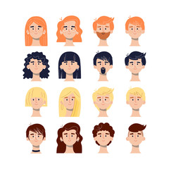 Redhead, brunette, blonde, brain headed girls and boys avatars icons in flat style