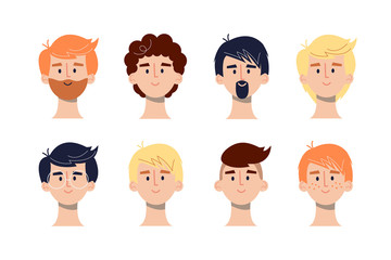 Blonde, brown haired, redhead, brunette girls and boys avatars icons in flat style