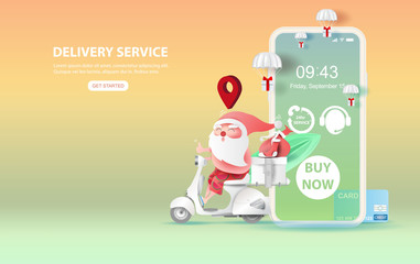 illustration of smartphone with Online delivery service application concept. Summer season.Paper cut and craft.Graphic Santa Claus riding a motorcycle transport.Parachute gift box fly air Vector EPS10