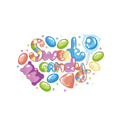 Sweet candy. Lettering. Jelly bears, candies, dragees. Isolated vector objects on a white background.