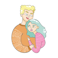 Pair - family. Man and woman. Winter warm knitted sweaters. Cartoon people. Isolated vector objects on white background.
