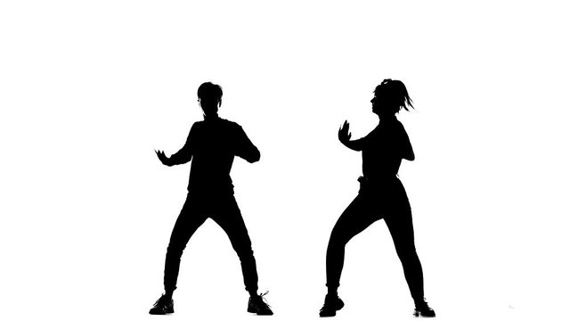 black silhouette on a white background, duet of young dancers dance vogue, street dancing, isolated