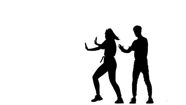 black silhouette on a white background, duet of young dancers dance vogue, street dancing, isolated