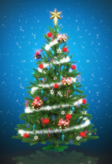 Shiny Decorated christmas tree. Merry Christmas and Happy New Year. 3d rendering