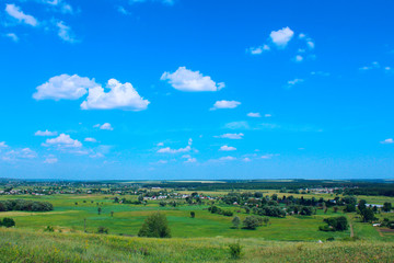 Fototapeta na wymiar Green field and blue sky background. Landscape, nature concept. Nature Background.