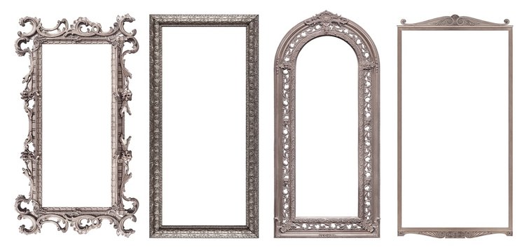 Set of panoramic silver frames for paintings, mirrors or photo isolated on white background