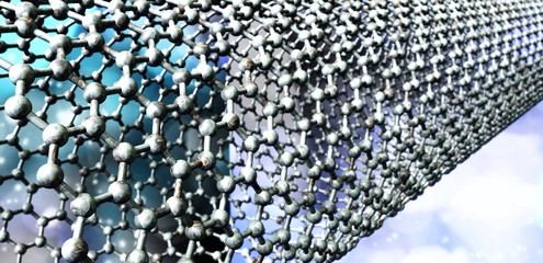 Carbon material, nanotube, close-up composite material, 3D rendering.