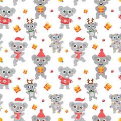 Obraz premium seamless pattern of cute Australian koalas wombats with big eyes in a deer costume with a lollipop, in a red sweater with a gift a Christmas garland, smiling and dancing. New Year flat vector cartoon