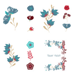 Tropical flowers set. Vector design isolated elements on the white background.