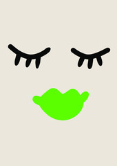 Cute vector in cartoon style. Funny woman smiling with bright green lips and closed. Happy doodle for your design. Beautiful cartoon elements for fashion and print designs. Image Illustraiton