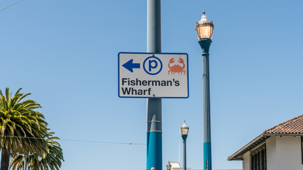 Fisherman's Wharf road directional signage in San Francisco, California, United States of America.