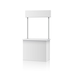 Blank information promo booth isolated on white background. Vector exhibition table stand display. Empty kiosk mockup..