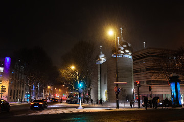 Russian cultural center at night under snow, Paris