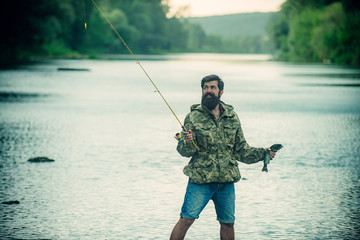 Fisher masculine hobby. Fishing as holiday. Rural getaway. Activity and hobby. Good profit. Hobby...