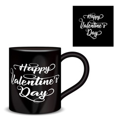 Happy Valentines Day with cup and handwritten lettering.  calligraphic text with red heart on background. Valentines Day holidays typography. Vector.
