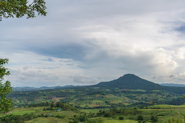 beautiful blue sky high peak mountains mist fog wildlife green forest at Khao Koh, Phu Tub Berk, Phetchabun, Thailand  guiding idea long weekend for backpacker camping campfire relaxing hiking