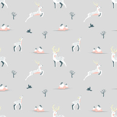 Winter Land with Deers Vector Seamless Pattern