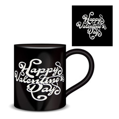 Happy Valentines Day with cup and handwritten lettering.  calligraphic text with red heart on background. Valentines Day holidays typography. Vector.