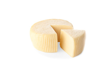 Caciotta Cheese. A triangular piece is cut out. Isolated. On a white background Close-up.
