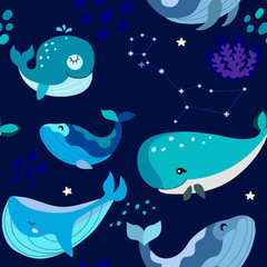 Seamless pattern with sleeping whales. Scandinavian kids texture for fabric, wrapping, textile, wallpaper. Cartoon Vector Illustration.
