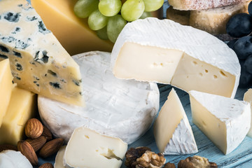 types of different cheese on the table with nuts, dried apricots, grapes, etc.