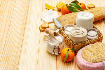 Zero waste home cleaning. Eco friendly products set, lifestyle concept. Natural ingredients, wooden boards background