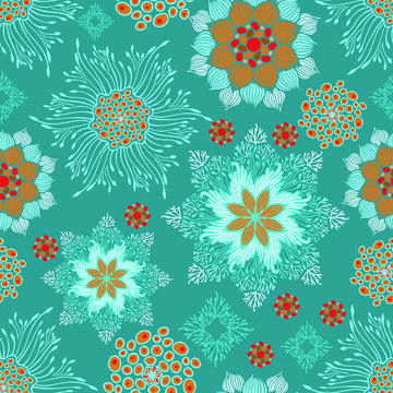 mandala botany branch  design concept vector seamless pattern with aqua green tone background