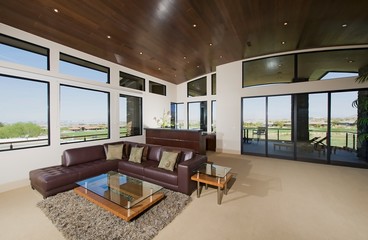 Interior with furniture and large windows with outside views