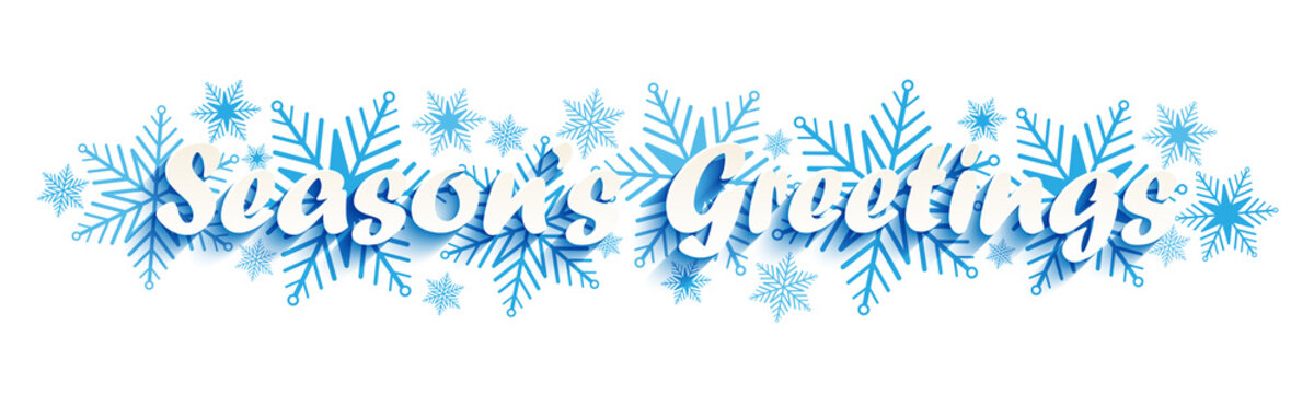 SEASON'S GREETINGS vector typography on blue snowflakes