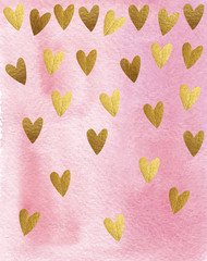 Watercolor St. Valentines Day greeting card. Pink watercolor background with golden hearts. Design for typography, postcards, posters amd prints.