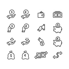 Money icon set simple outline flat symbols illustration