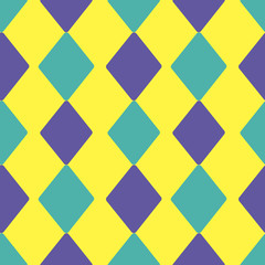 Fun festive seamless pattern with repeating purple and sea blue rhombus. Geometrical ornament for wrapping paper, packet, poster, card. Vector illustration