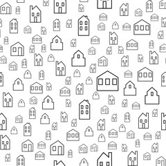 Seamless vector pattern with various line simple houses.