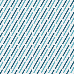 A simple seamless vector abstract pattern with teal andblue dashed diagonal lines on a white background. Mminimal unisex srface print design.