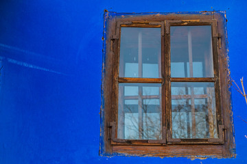 Detail of Old traditional Romanian blue house at the Astra museum in Sibiu, Romania. Astra Museum of Ethnology