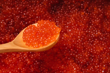 Red caviar in a wooden spoon.