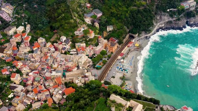 Monterosso is a town in the province of La Spezia, which is part of the Liguria region (northern Italy). It is one of the five Cinque Terre villages. aerial view with a drone and travel concept