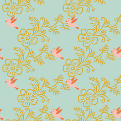 A seamless vector pattern with golden flowers and pink birds on a pastel blue background. Surface print design great for cards, wedding invitations stationery, gift wrap and textiles.