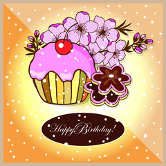 Happy Birthday! - card. Tender, sweet.  peach branch with flowers, cupcake, cookies. eps10 vector illustration. hand drawing
