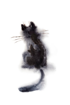 Back view of sitting black cat wet watercolor on paper soft primitive illustration art