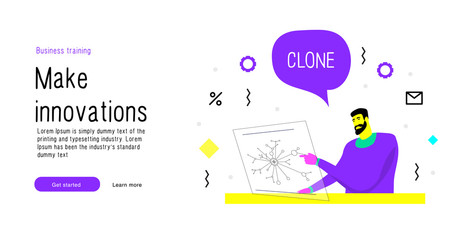 Man works in the molecular industry. Innovation on a portable device with a flexible display. Forecasts of chemical analysis. Freelance work. Future and synthesis systems development. Isoleted stock v