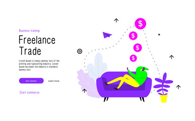 man on the couch. Commerce space. Human make business and develop trade talent. Receives money from passive work. Good ideas with full color design in awesome style. Vector isolated illustration.